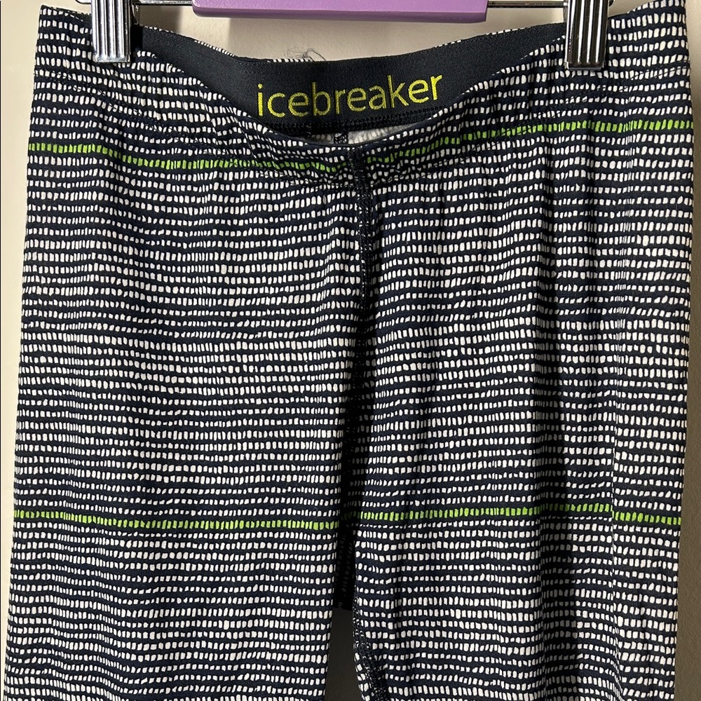 Icebreaker Merino Wool Leggings - Navy Blue and White with Green Stripes SIZE S